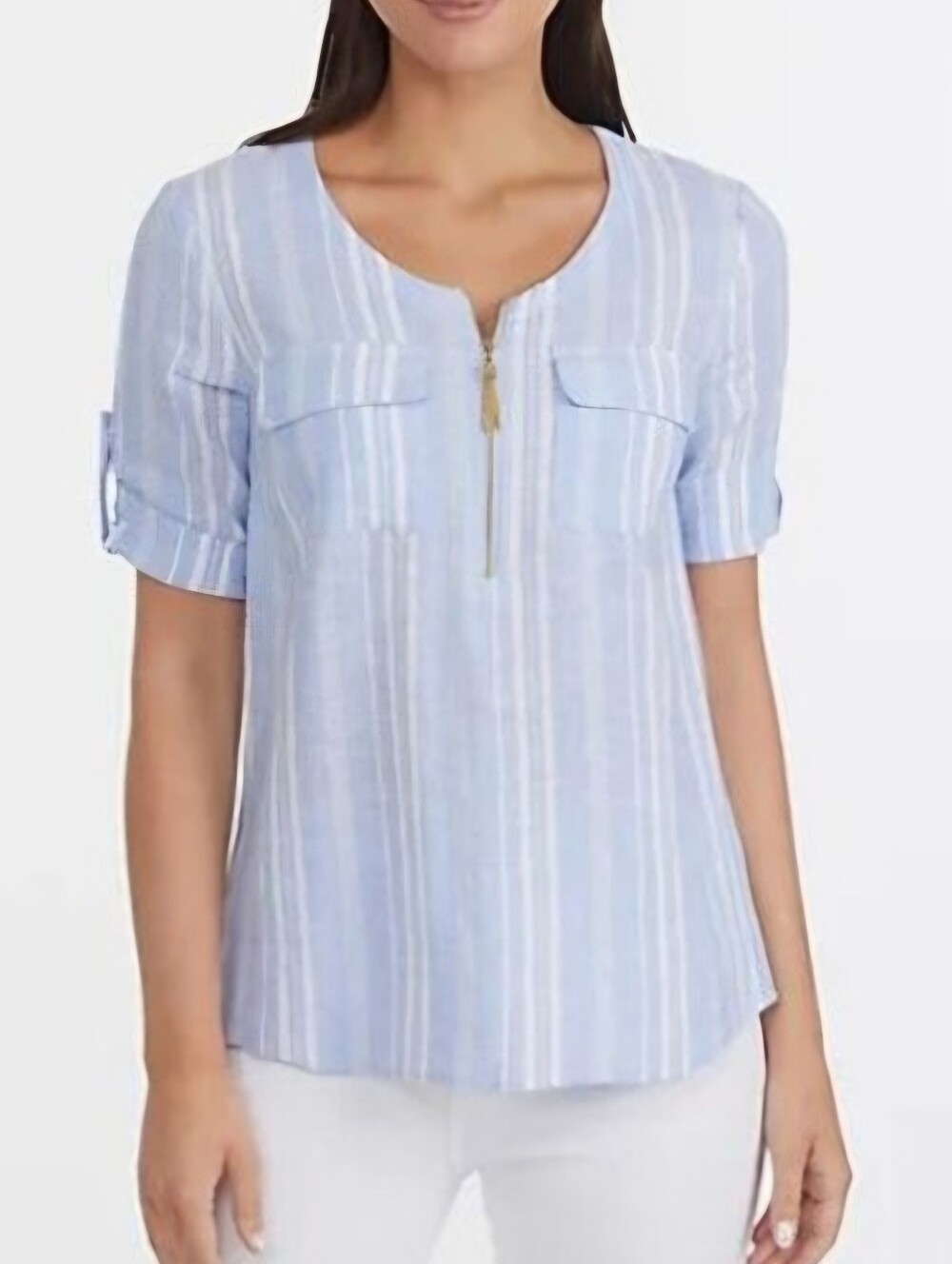 Linen Light Blue Stripe Zip-Front Women's Top Ellen Tracy